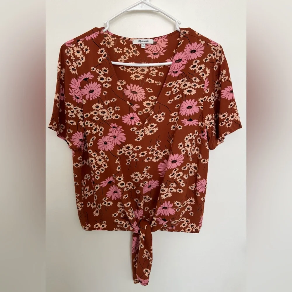 Madewell Novel Tie-Front Top in Hillside Daisies Multi Daisies Burnt Clay Size:S - Picture 14 of 15